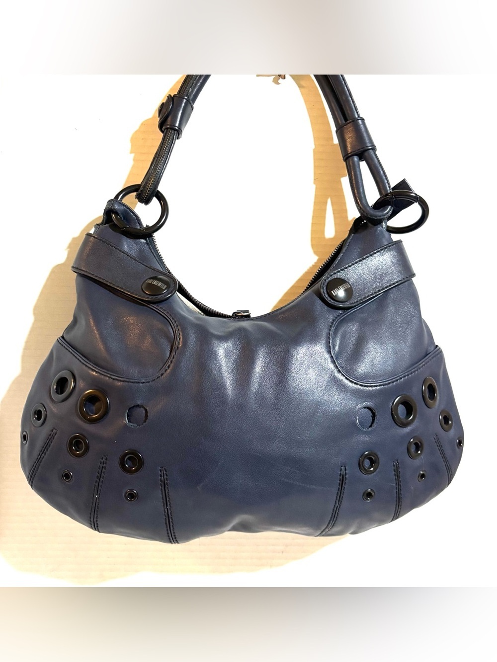 Karl Lagerfeld Navy Leather Shoulder Bag with Grommet Accents